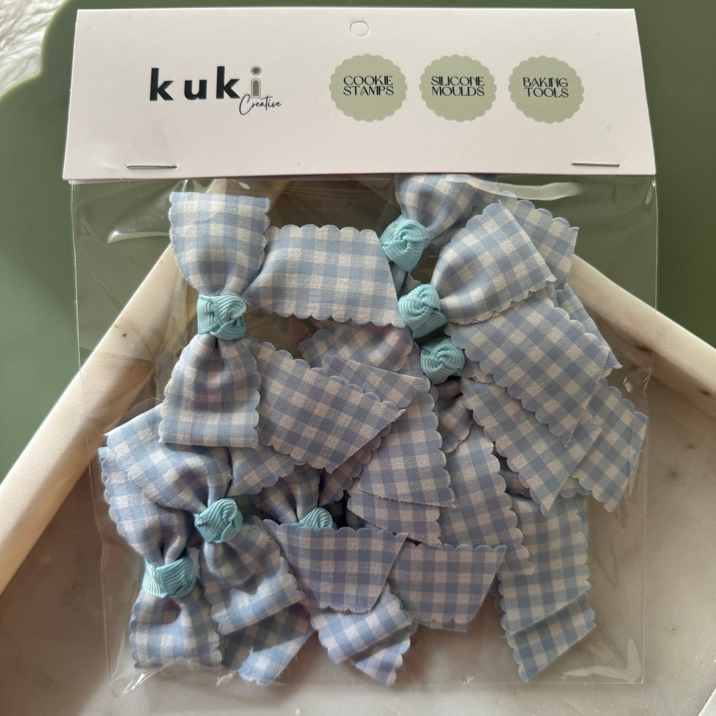 Baby Blue Gingham Pre tied bows (10pk)