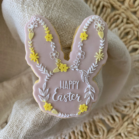 Floral Bunny Ears Happy Easter Cookie Stamp and Cutter