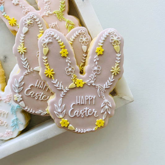 Floral Bunny Ears Happy Easter Cookie Stamp and Cutter
